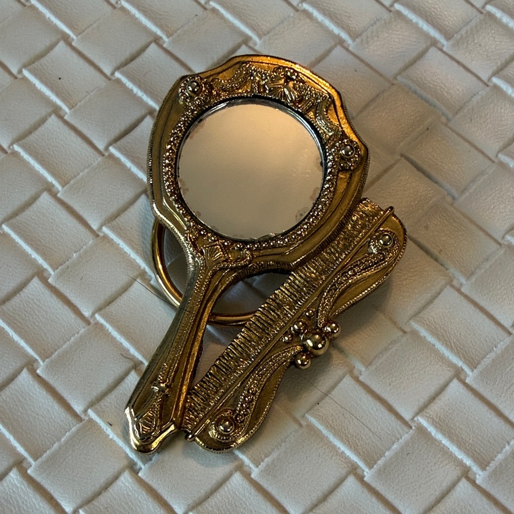 Vintage Brooch of Gold Hand Mirror and Brush
